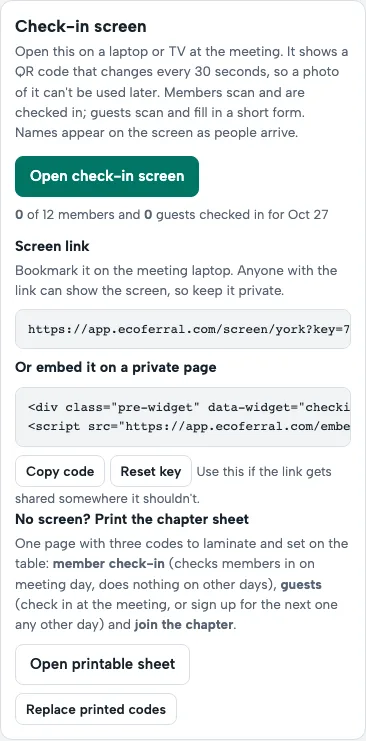 The check-in screen section on Meetings