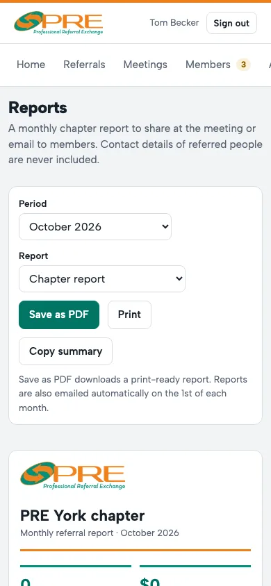 The chapter report with Period, Save as PDF and Copy summary