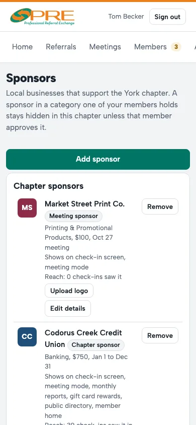 The Sponsors page with chapter sponsors and their reach