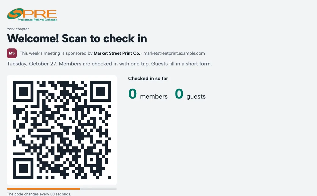 The check-in screen with its QR code