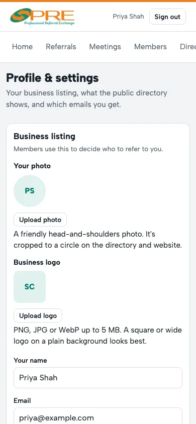 Your profile: business listing and public directory